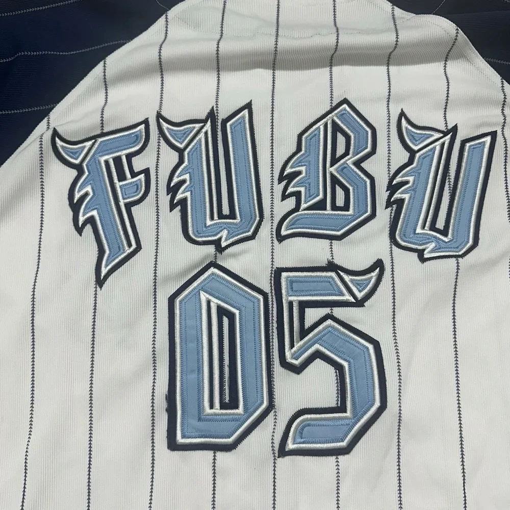 FUBU‎ Baseball Jersey XL White Pinstripe Y2K Button Front Hip Hop 2000s